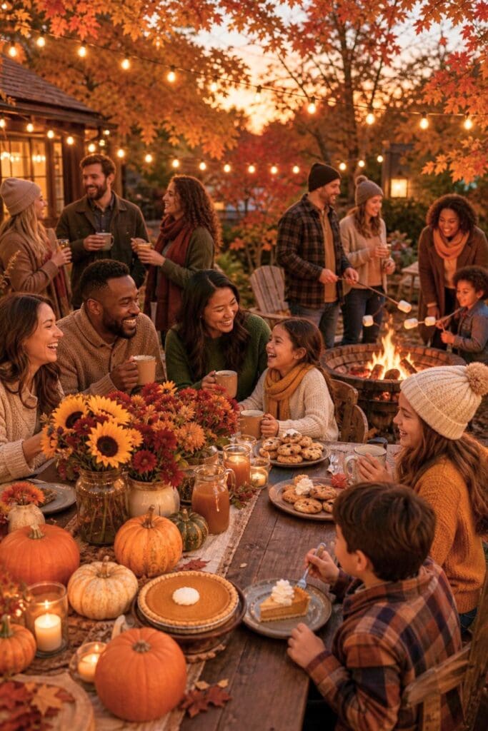 A group of people enjoying an outdoor fall party with autumn decorations, food, and colorful trees in the background.
