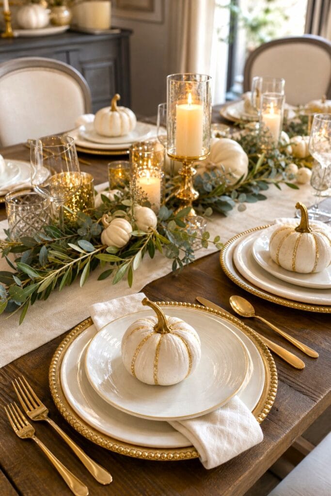 Elegant autumn dining table with white and gold pumpkin place settings, cream plates, gold flatware, greenery, and candles.