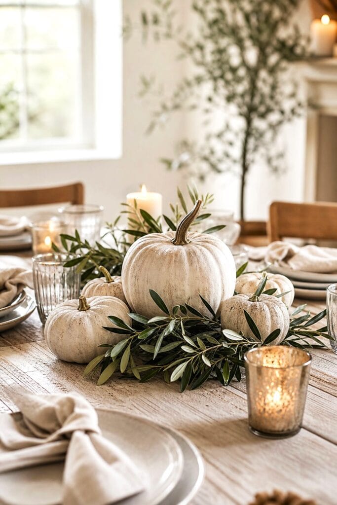 A fall dining table decorated with whitewashed pumpkins and olive branches.