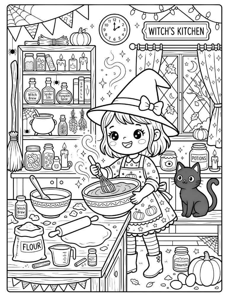 Cute witch baking a pumpkin pie in a cozy magical kitchen with a black cat, pumpkins, candles, and baking ingredients