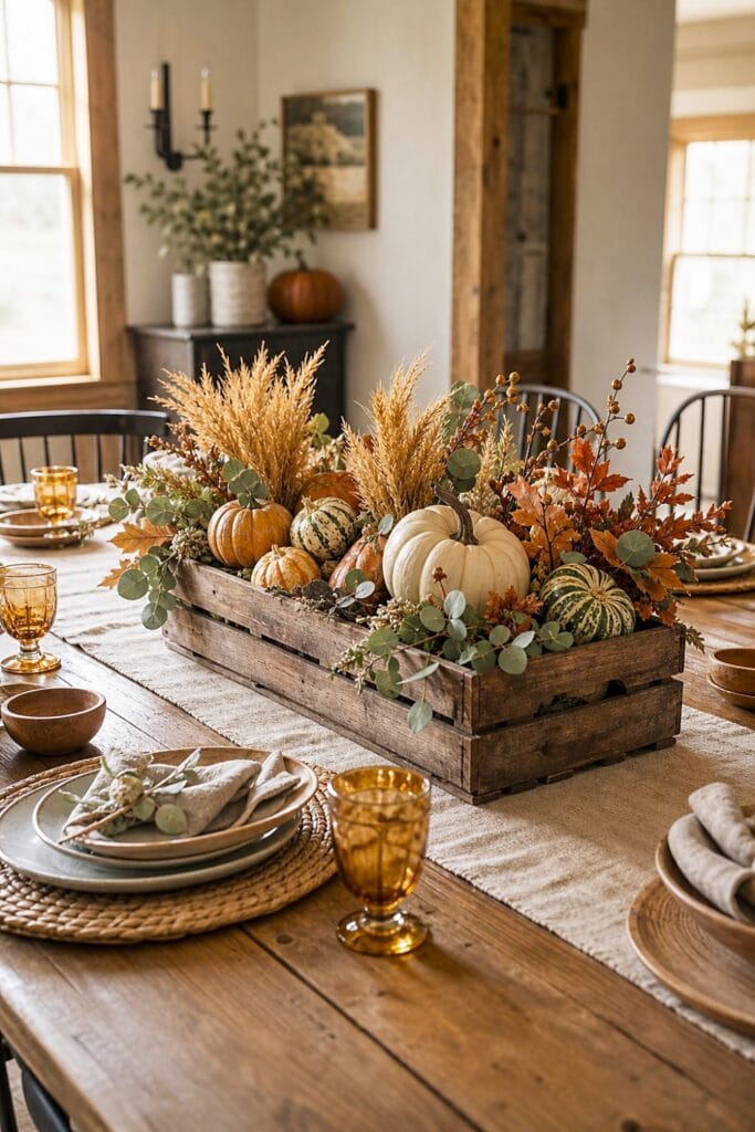 A farmhouse dining table with a wooden crate filled with pumpkins, gourds, wheat, and autumn foliage.