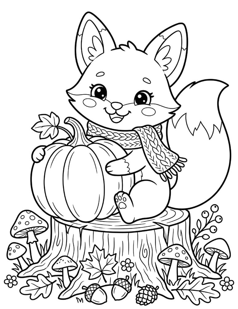 Cute fox wearing a scarf hugging a pumpkin in a cozy woodland autumn scene.