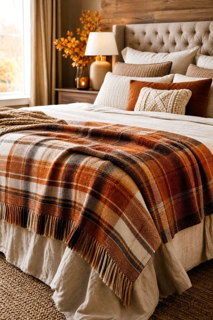 A cozy bedroom with a plaid wool blanket spread across the foot of a neatly made bed.