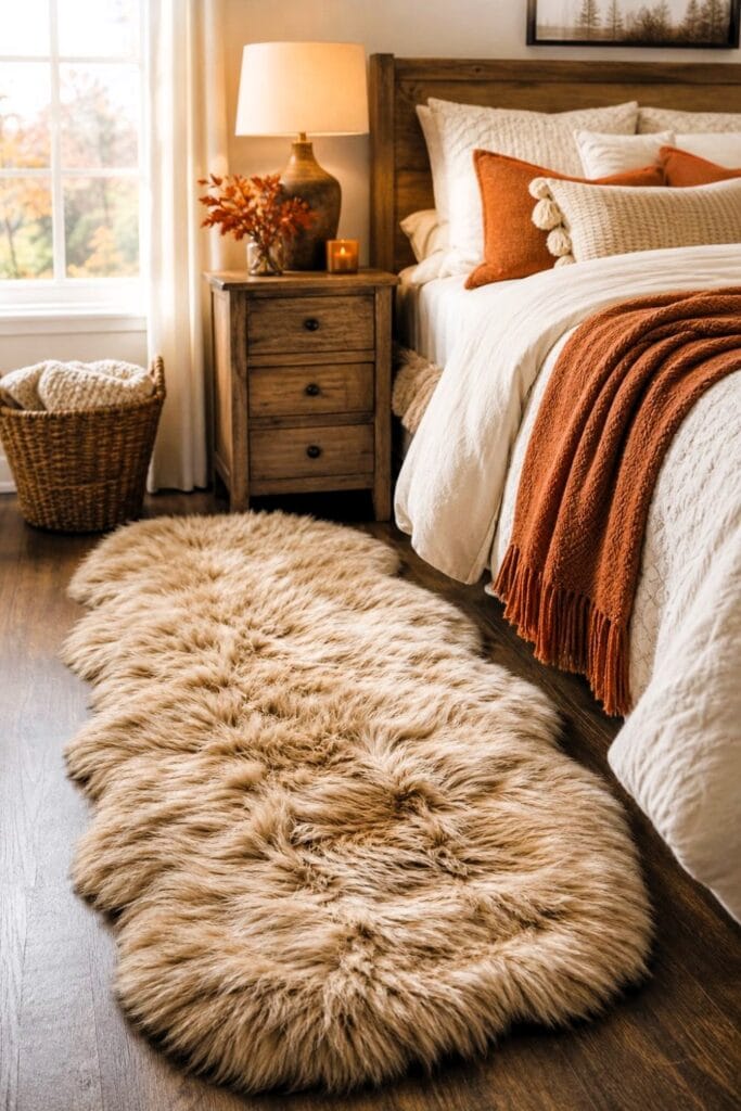 A cozy bedroom with a fluffy faux fur rug placed beside the bed.