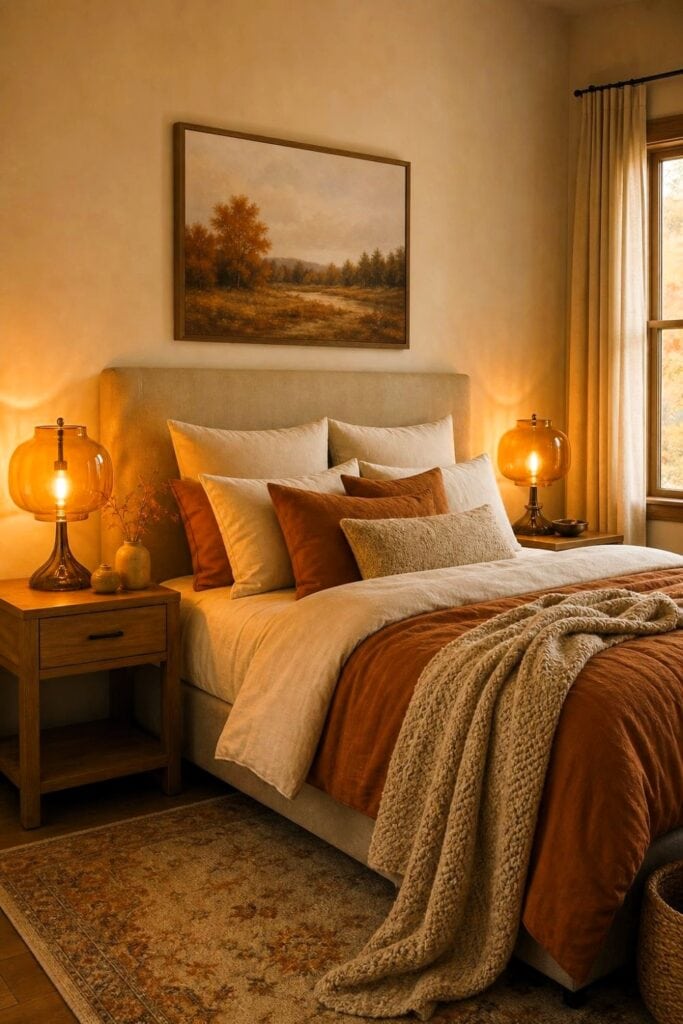 A cozy fall bedroom with two glowing amber glass bedside lamps beside a neatly made bed.