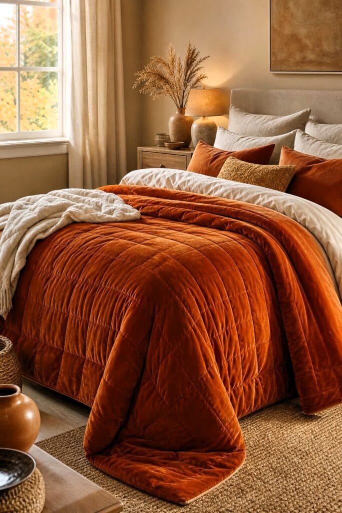 A cozy bedroom with a burnt orange velvet quilt layered over a neatly made bed.