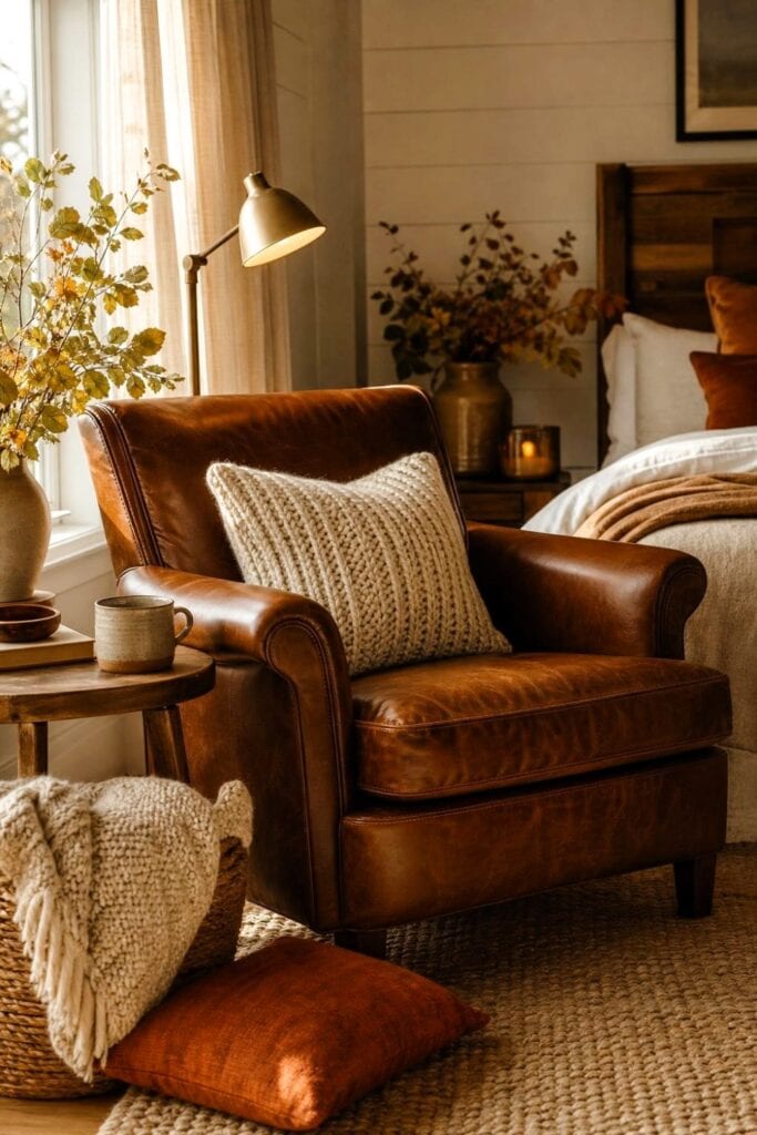A cozy bedroom reading nook with a brown leather chair, a cream wool pillow, warm lighting, and autumn decor.