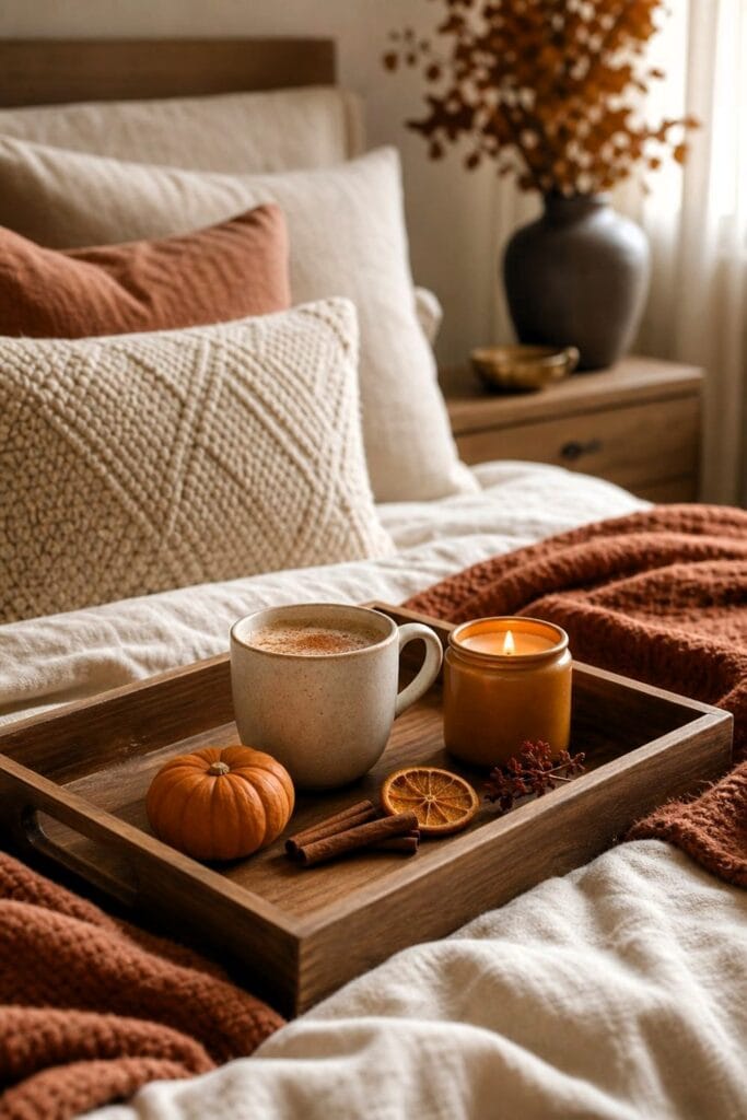 A wooden tray with a ceramic mug and pumpkin spice candle rests on a softly styled bed in a cozy fall bedroom.