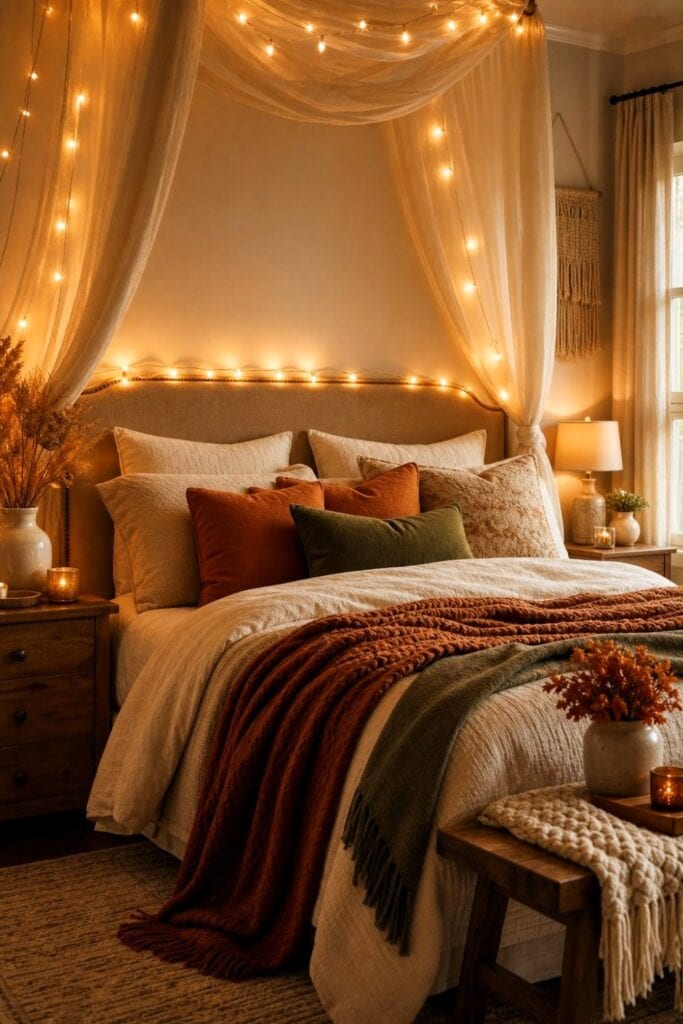 A cozy fall bedroom with warm white fairy lights draped around a canopy and headboard.