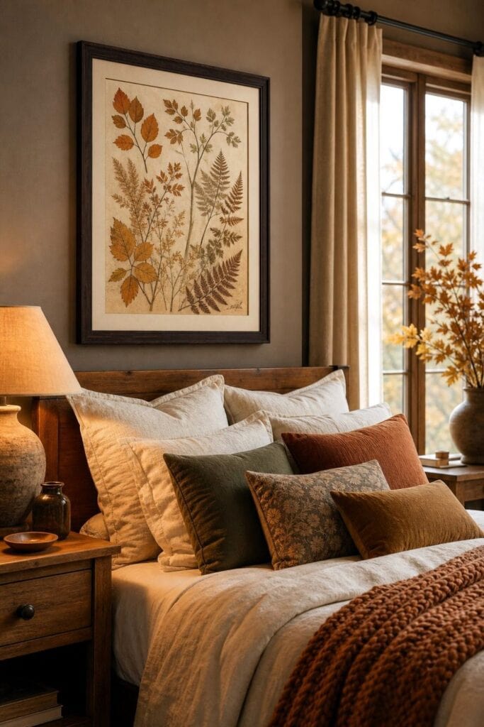 A cozy bedroom with warm bedding and a framed botanical print on the wall.