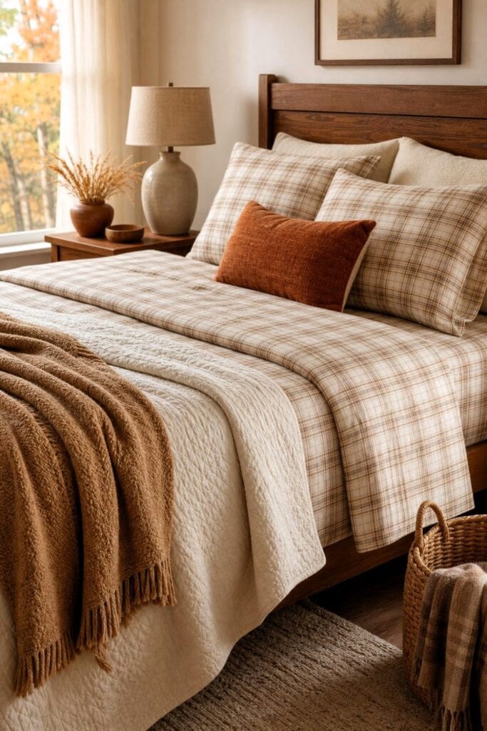 A cozy bedroom with a bed covered in tan-and-cream plaid flannel sheets and layered autumn-toned bedding.