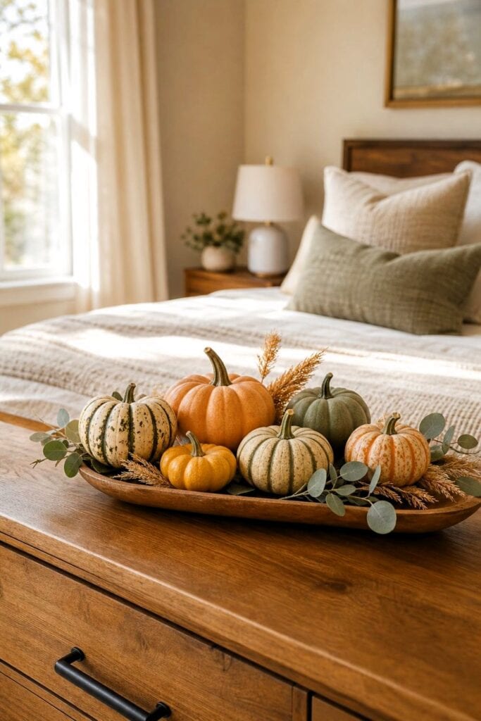 Mini heirloom pumpkins arranged on a decorative tray atop a bedroom dresser.