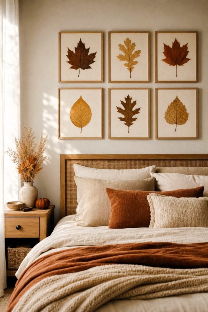 A cozy bedroom with framed pressed autumn leaves arranged in a gallery wall above the bed.