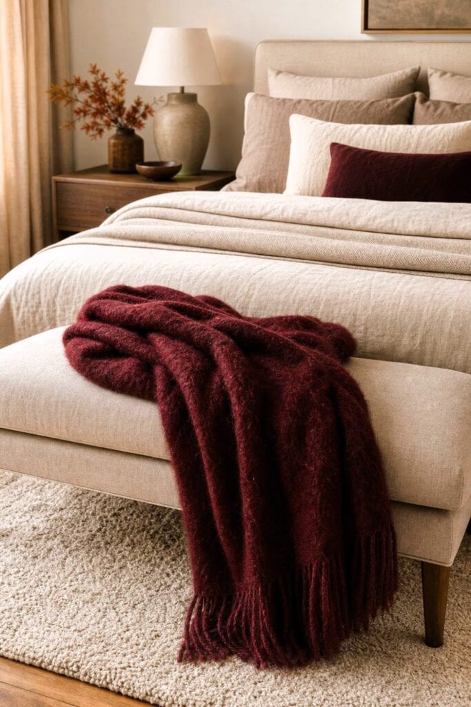 A cozy bedroom with a burgundy throw draped over a neutral upholstered bench at the foot of the bed.
