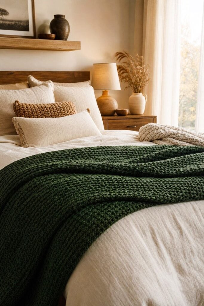 A cozy bedroom with a forest green textured blanket folded across a neatly made bed.