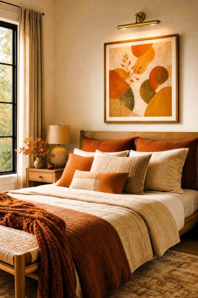 Cozy bedroom with a brass picture light illuminating a framed fall-inspired art print above the bed.