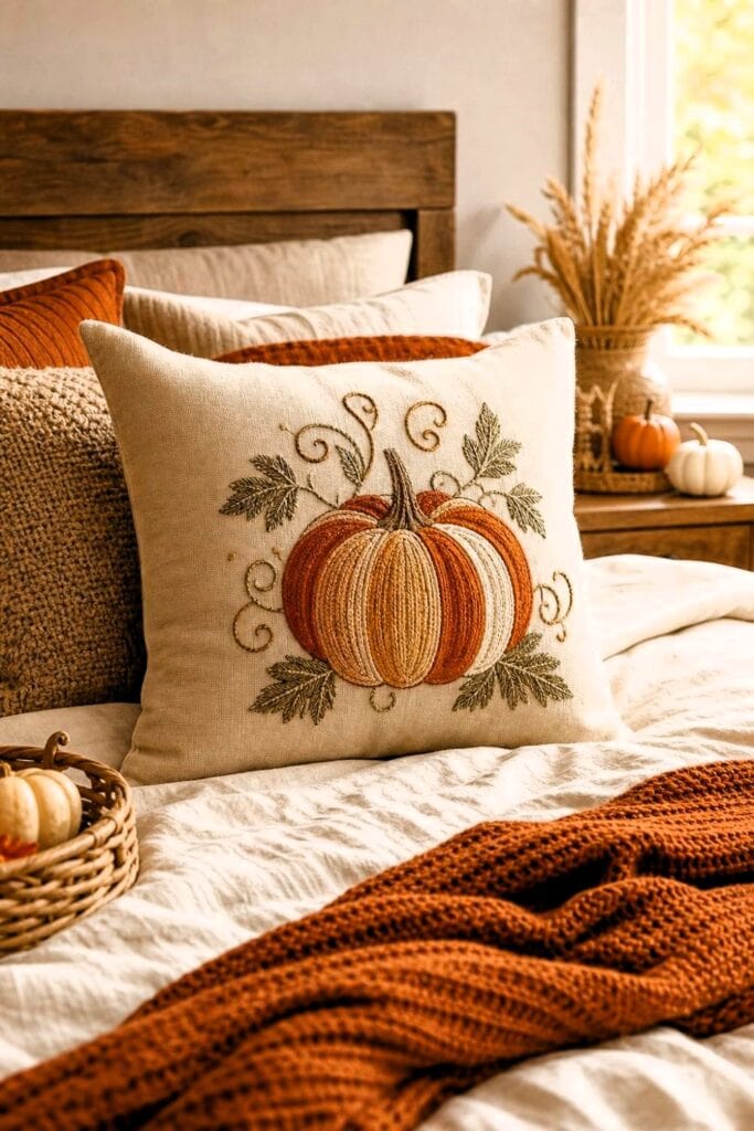 A cozy fall bedroom with a pumpkin-embroidered pillow on a neatly made bed.