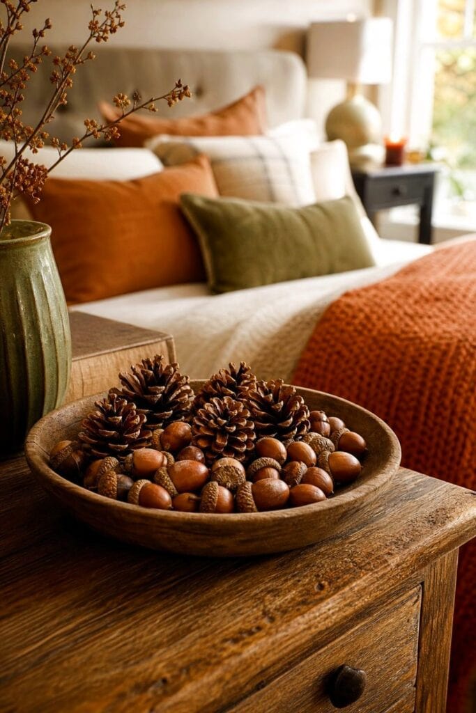 A low wooden bowl filled with pinecones and acorns sits on a bedside table in a cozy fall bedroom.