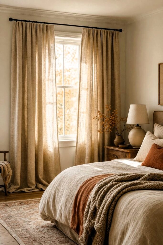 A cozy bedroom with oatmeal linen curtains, layered neutral bedding, and warm autumn decor.