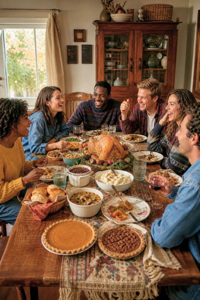 Friends gather around a festive Thanksgiving dinner table in a cozy home.