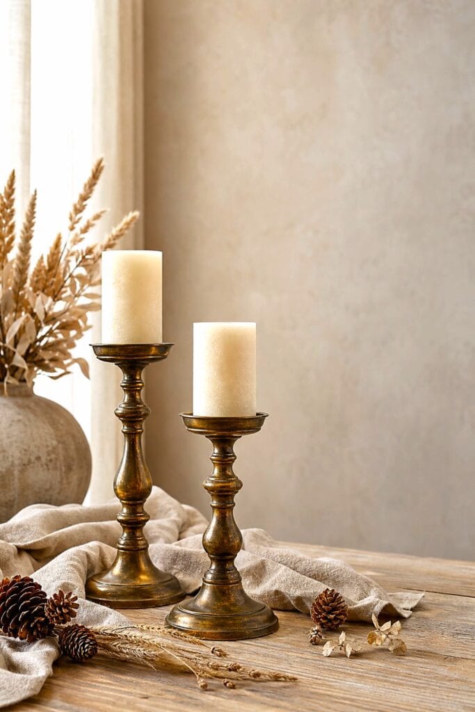 Antique brass candlesticks with cream pillar candles on a wooden table surrounded by neutral autumn accents.