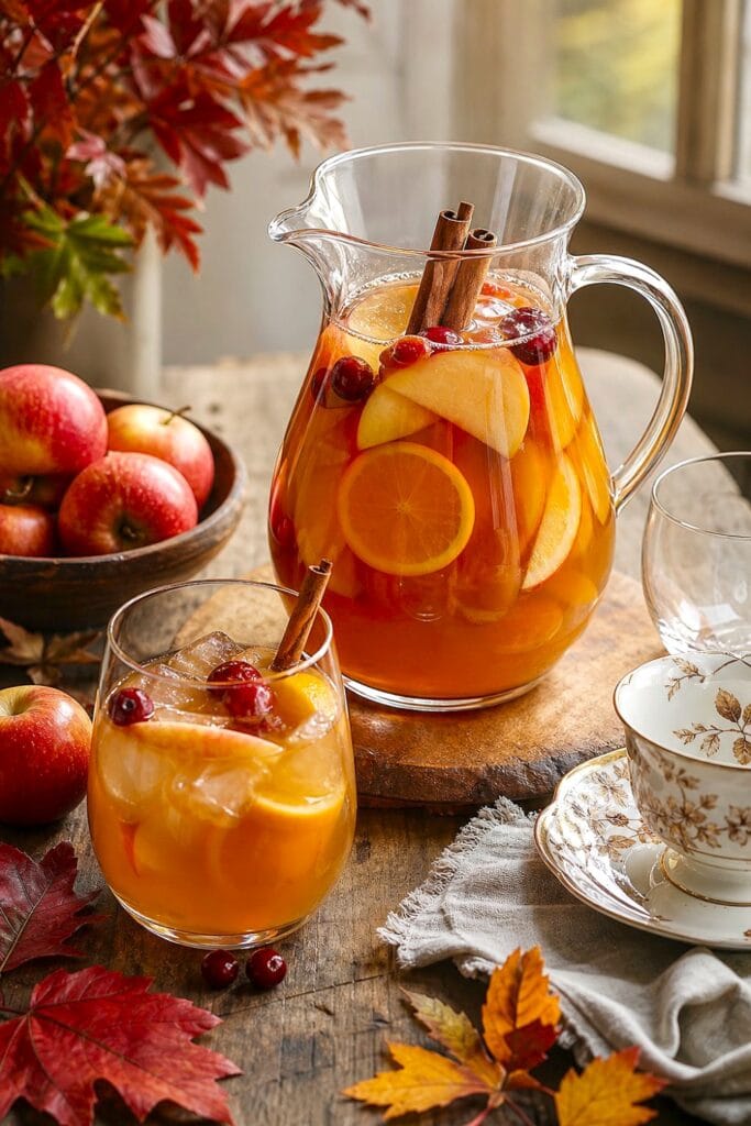 A glass pitcher of apple cider punch with fruit and cinnamon sticks sits on a fall-decorated tea table.