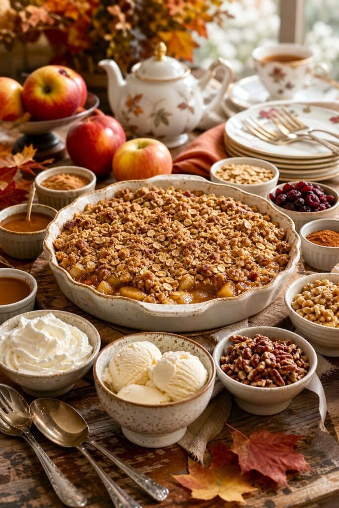 An apple crisp surrounded by bowls of autumn toppings on an elegant tea party table.