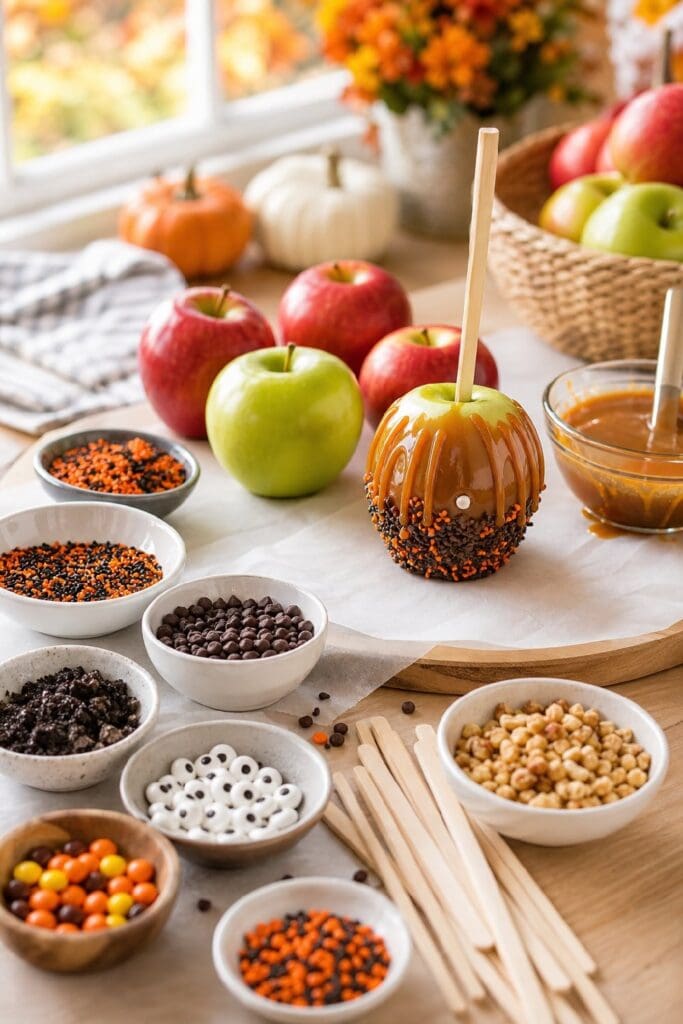 Children’s Halloween party table with caramel apples, colorful toppings, and decorating supplies.