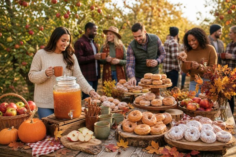 People enjoy cider and donuts at a festive apple orchard gathering.