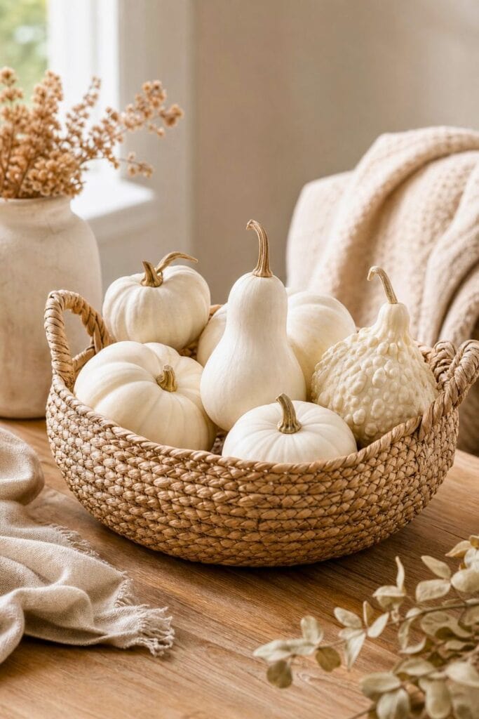 White gourds arranged in a woven seagrass basket on a light wood table.