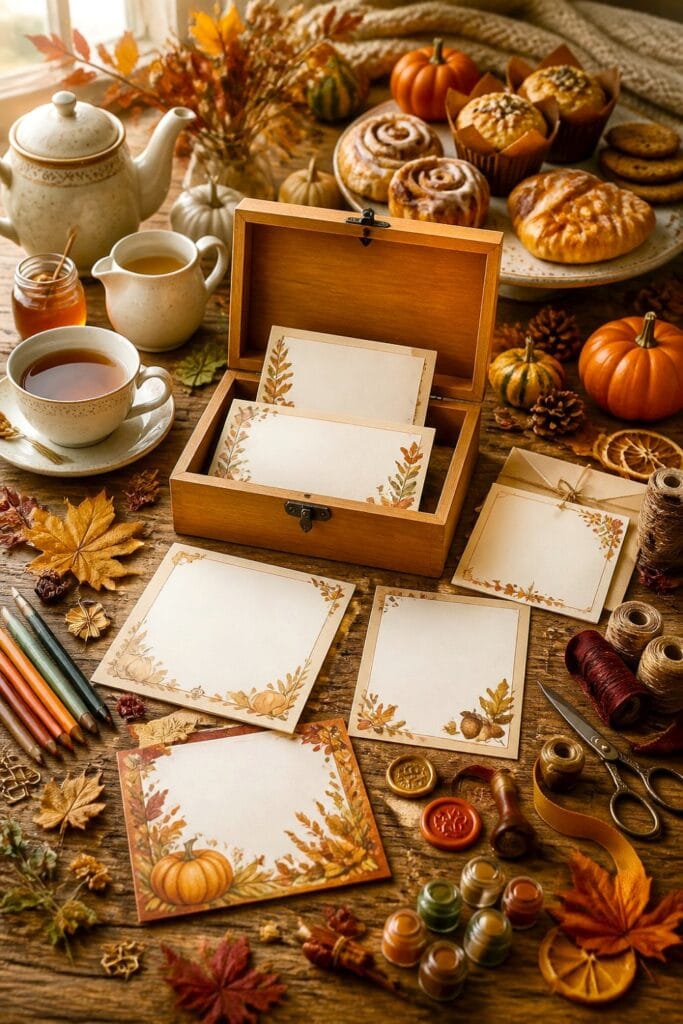 An autumn keepsake box station with blank cards, craft supplies, tea service, pastries, pumpkins, and fall leaves on a wooden table.