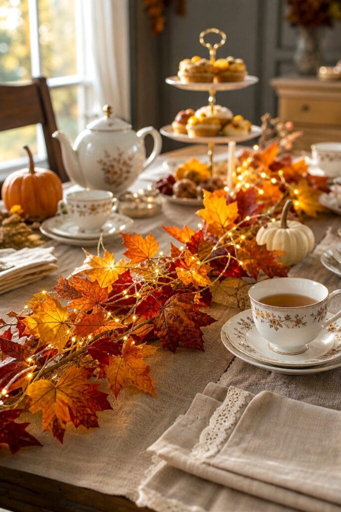 An autumn leaf garland with warm fairy lights decorates a tea party table beside a teapot, teacups, pastries, and small pumpkins.