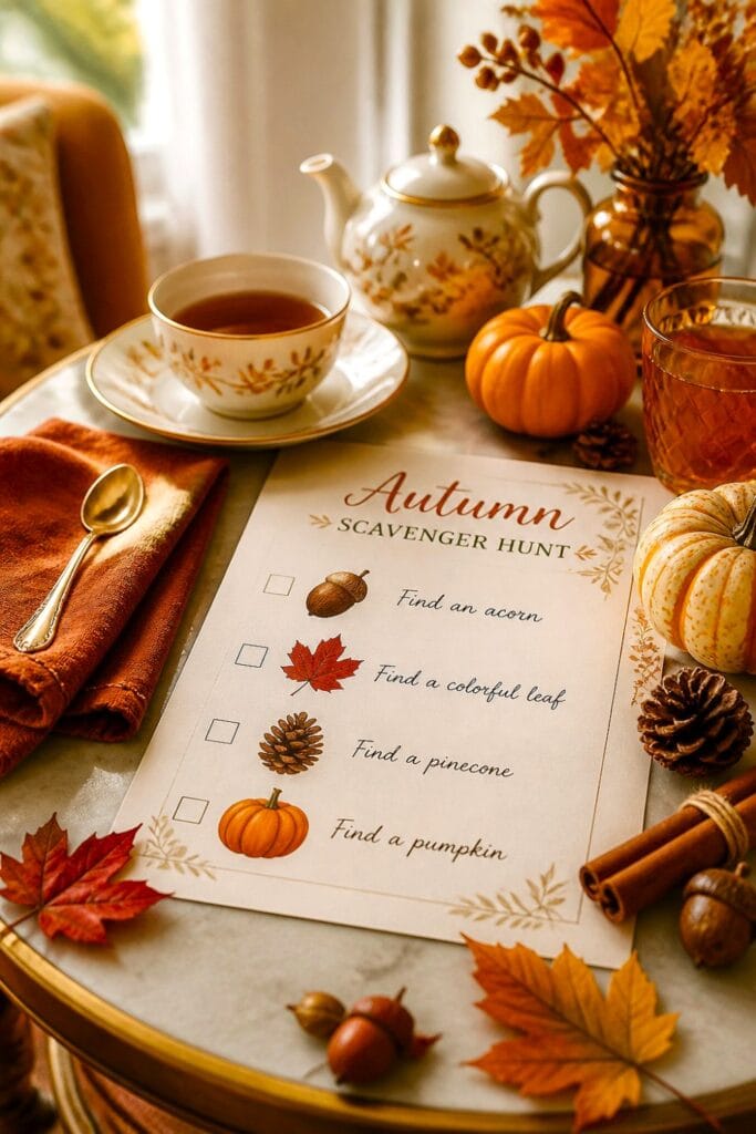 An autumn tea table surrounded by colorful leaves, pumpkins, and nature scavenger hunt items in a woodland clearing.