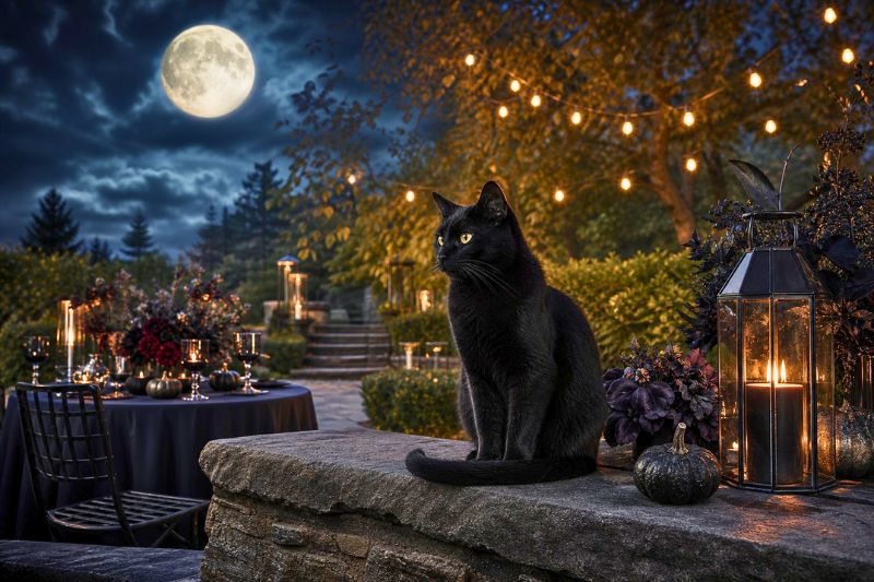 A black cat sits beside an elegantly decorated outdoor table beneath a bright full moon.