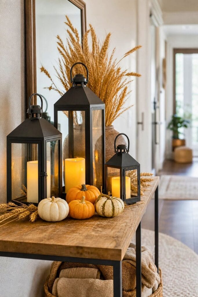 Black metal lanterns, mini pumpkins, and wheat stems arranged on a fall entryway table.