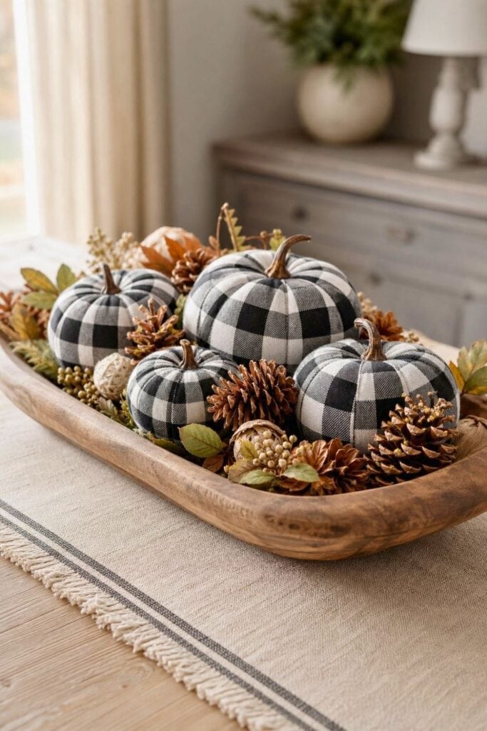 A rustic dough bowl filled with black-and-white checkered pumpkins and pinecones.