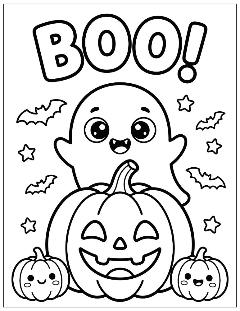 Cute Halloween ghost popping out from behind a jack-o-lantern with BOO bubble text, pumpkins, bats, and stars, black and white coloring page.
