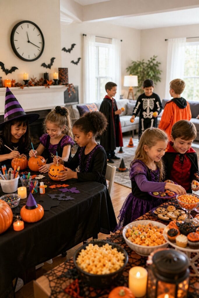 Children enjoy pumpkin crafts, Halloween games, and snacks at an organized party in a decorated living room.