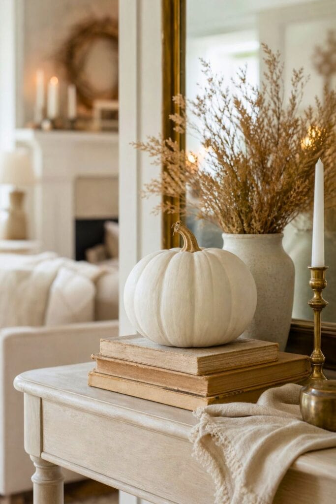 A white pumpkin sits on a stack of vintage books on a neutral-toned console table.