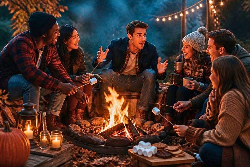 A group gathers around a campfire, roasting marshmallows and making s’mores while listening to a ghost story.