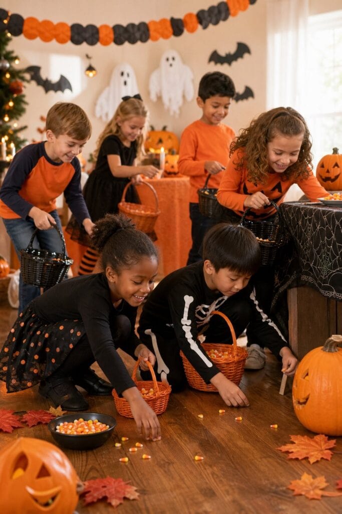 Children search for candy corn around a decorated Halloween party room.