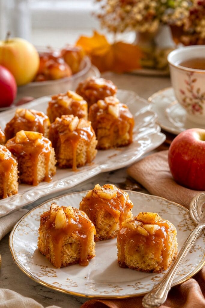 Caramel-drizzled apple cake bites arranged on a tea party dessert table with autumn accents.