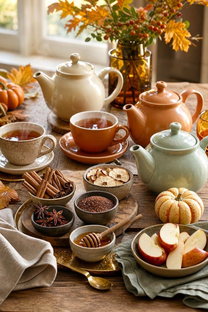 A warmly styled fall tea bar with teapots, teacups, spices, apples, and small pumpkins on a wooden table.