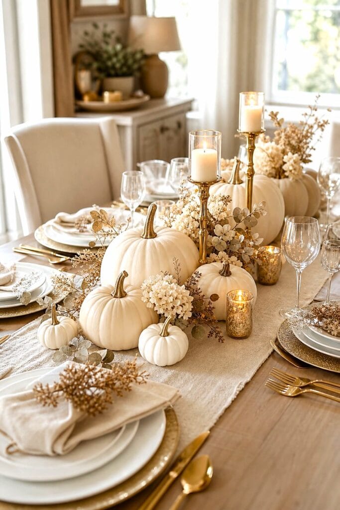 An elegant dining table decorated with off-white pumpkins, gold accents, candles, and neutral autumn foliage.