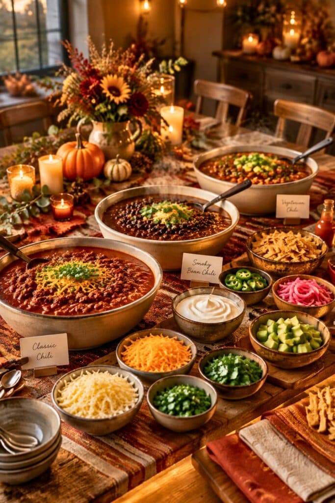 a table set up for a festive chili cook-off with bowls of chili and assorted toppings.