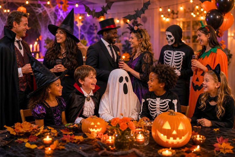 People in classic Halloween costumes celebrate together at a warmly decorated party.