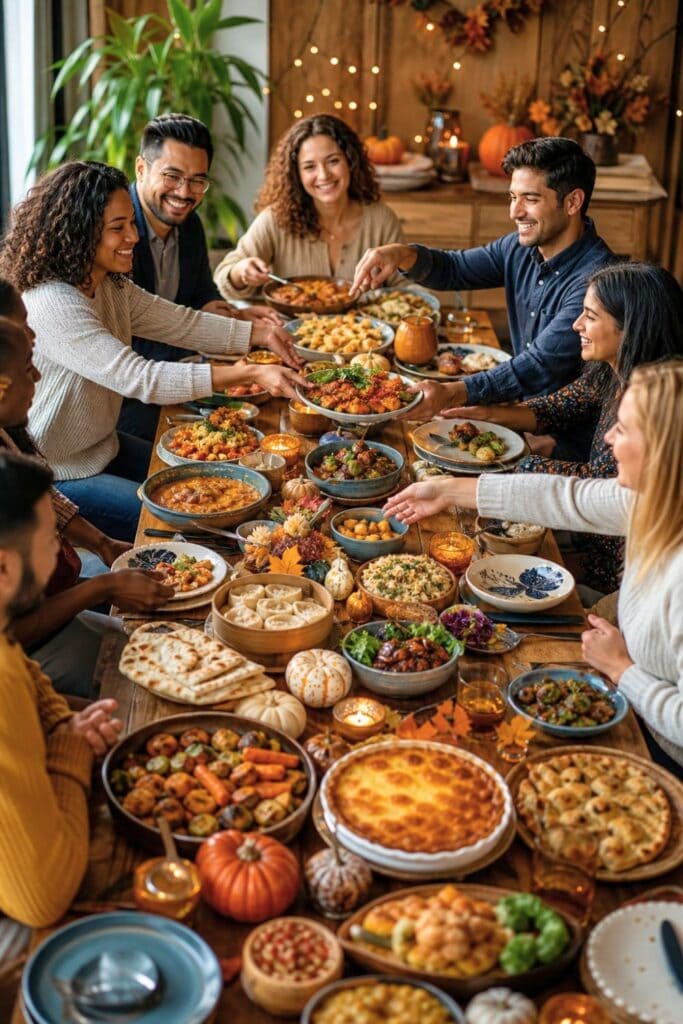 Friends sharing a variety of comforting international dishes at a warm autumn potluck table.