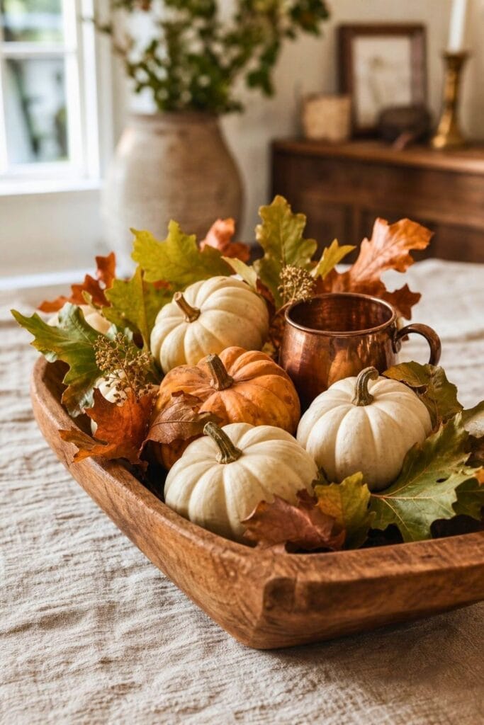 A wooden dough bowl filled with small pumpkins and oak leaves beside a copper mug.