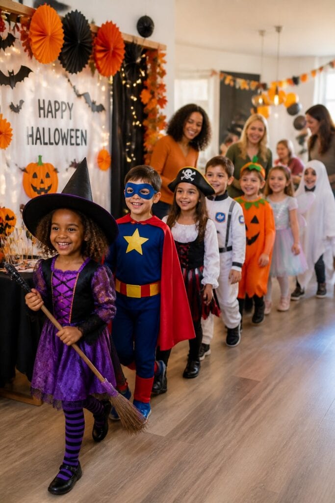 Children in Halloween costumes parade past a decorated DIY photo booth while adults help nearby.