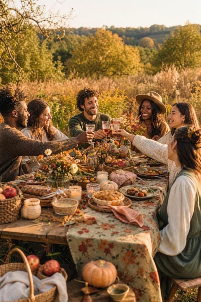 Friends share a festive autumn picnic at a rustic table in a sunny meadow.